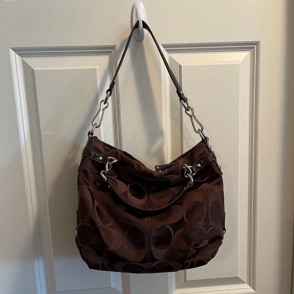 Coach Purse - Brown Jacquard with Silky Lavender Interior